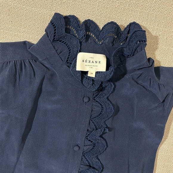 Sezane Chlo Silk Shirt Blouse Marine Navy Blue French Top Classic FR34/US2 - Picture 7 of 12